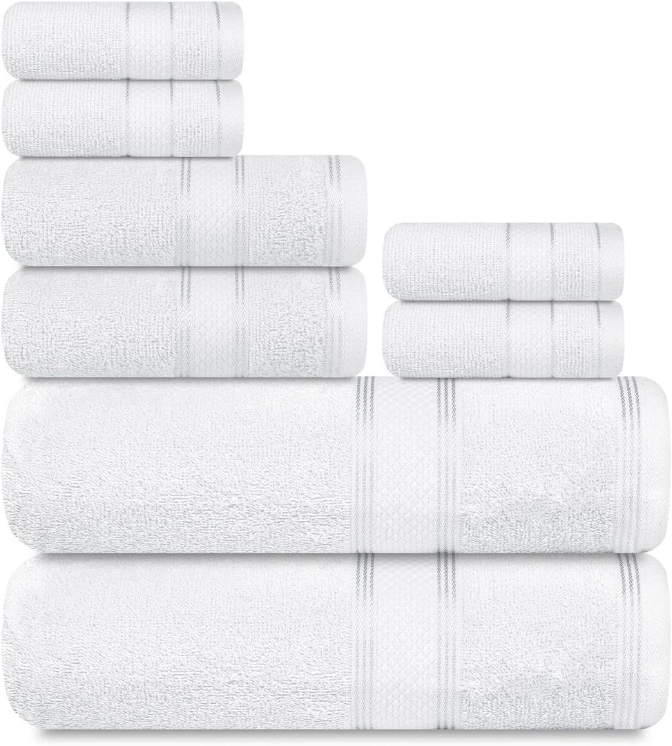 Casa Lino Bath Towel Set of 8 (2 Bath Towels, 4 Wash Cloths & 2 Hand Towels for Bathroom) - 100% Cotton - Highly Absorbent & Quick Dry - Guest Room Essentials for Bathroom Set - (White)