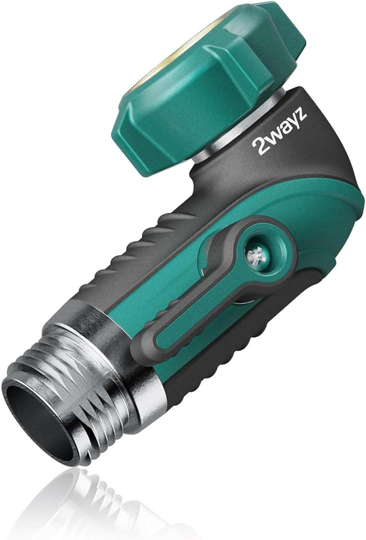 2WAYZ 90 Degree Hose Elbow Adapter - Heavy Duty Full Metal Body Garden Hose Shut Off Valve - 3/4-Inch Inlet and Outlet Angle Connector for RV, Waterhose Elbow - 2.3x2.3x4.1-Inch (Green and Black)