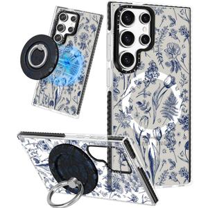 Cute Case for Samsung Galaxy S25 Ultra for Women Girls - Funny Blue Line Flower Design Compatible with Magsafe Magnetic Ring Holder Kickstand Fashion TPU Phone Covers