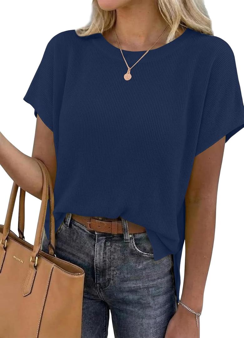 YSYOKOW Women's Ribbed Knit Sweater Crewneck Tunic Pullover Loose Fit Lightweight Summer Fall Shirts for Leggings Navy Blue, X-Large