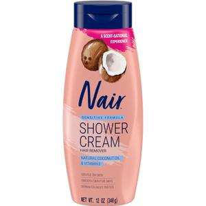 Nair Sensitive Formula Shower Cream, Quick and Easy Hair Removal Cream with Coconut Oil and Vitamin E for Body, 12 oz