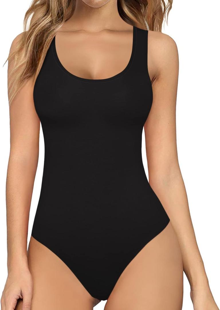 MANGOPOP Women's Tank Top Bodysuit Scoop Neck Sleeveless Body Suits Sexy U-Back Backless Going Out Tops (Black, S)