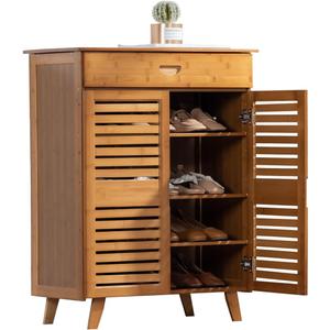 latifolia Bamboo Shoe Cabinet, Two-Door Shoe Storage Cabinet with Drawers, 4 Tier Bamboo Shoe Organizer for Entryway, Brown(25.98''L)
