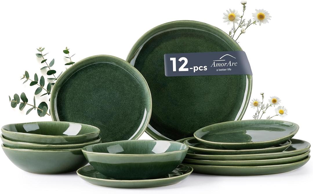 AmorArc Ceramic Dinnerware Sets,Handmade Reactive Glaze Stoneware Plates and Bowls Sets,Highly Scratch Resistant | Dishwasher & Microwave Safe Dishes Set,Service for 4 (12pc)