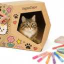 DIY Cardboard Cat House with 10 Markers, Creative Cat Scratcher House Play Cave for Indoor Cats and Kittens, Washable Kraft Paper Cat Scratching House for Family Bonding and Pet Relaxation