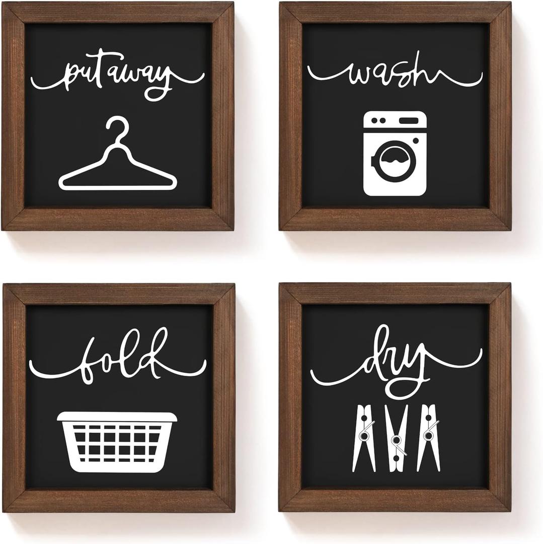Laundry Room Decor for Wall Farmhouse Signs Set of 4 Wash Dry Fold Put Away Rustic Decor for Laundry Room Shelf Laundry Wall Decor with Wood Frame Decorative Room Sign 8''x 8'' (Black & Brown)