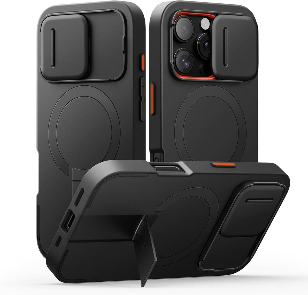 SURITCH for iPhone 16 Pro Case with Slide Camera Cover and Adjustable Kickstand, Compatible with MagSafe, Shockproof Bumper Case Slim Protective Cover for iPhone 16 Pro 6.3 Inch,Black