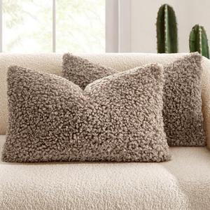 MIULEE Pack of 2 Lumbar Throw Pillow Covers 12x20 Inch Neutral Khaki Faux Fur Decorative Sherpa Pillow Covers Fuzzy Accent Soft Sheepskin Fleece Cushion Cases for Boho Home Decor Living Room Bed Chair