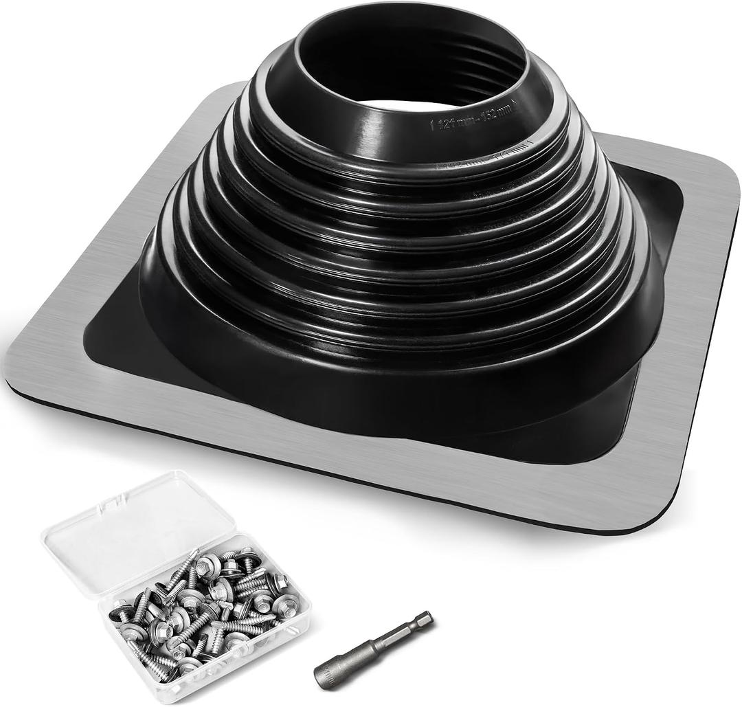 #6 Epdm Metal Roof Vent Boot, Flexible Roofing Boots Fits Pipe Od 4 3/4'' to 10'', Metal Roof Jacks Flashing for Houses Includ Roofing Screws & Hex, Black/ 1 Pcs