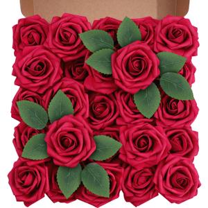 Artificial Flowers Foam Fake Roses 25pcs Red Roses with Stems for Home Decor DIY Wedding Bouquets Party Bridal Shower Centerpieces Faux Flower Arrangements Tables Decorations