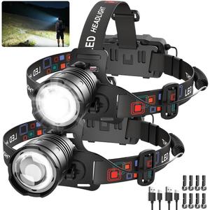 Rechargeable Headlamp High Lumen, 3000L Super Bright Head Lamp, 90 Rotatable Head Lights for Forehead, Adjustable Focus Headlight Flashlight, 4Modes LED Headlamps for Adults Hardhat Camping (2Pack)