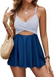 ZAFUL Women's Tankini Swimsuits Two Piece Swim Bathing Suit Tummy Control Modest Full Coverage Ruffle Sleeve Swimwear BLUE/WHITE  L