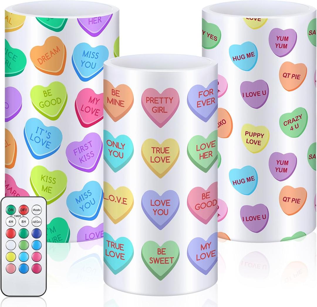 3 Pcs Valentine's Day LED Flameless Pillar Candles with Remote 3x6 Inch Conversation Heart Romantic Candy Candle Flickering Color Changing Battery Operated for Valentine's Party Room Decor Gifts