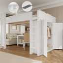 Merax Queen Loft Bed Frame with Desk and Wardrobe, Headboard with Storage & Charging Station, Wood Loft Bunk Bed with Solid Slats & Guardrail, No Box Spring Needed, Space-Saving, Noise Free, White