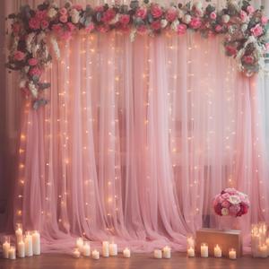 1010ft Dusty Rose Tulle Backdrop Curtain with Lights String for Parties, Sheer Photo Curtain Backdrop Drapes for Wedding Party Photography Backgrounds (10ftx10ft)