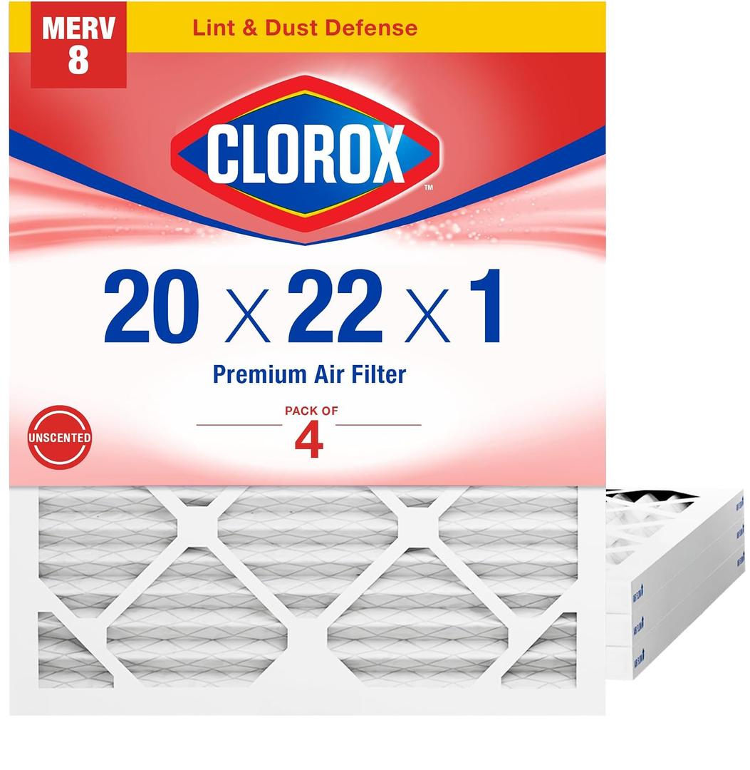 Clorox 20x22x1 Air Filter, MERV 8 Pleated HVAC AC Furnace Air Filters for Lint, Dust and Pollen, MPR 600 & FPR 5 – Pack of 4