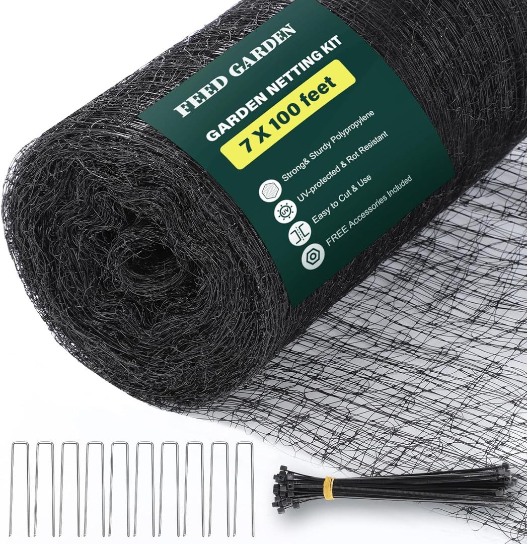 FEED GARDEN Deer Fence Netting Garden Netting Bird Netting - 7x100ft UV-Protected Garden Fence for Plant with 3/4" Fine Mesh - Includes 10 Stakes & 50 Zip Ties for Easy Installation