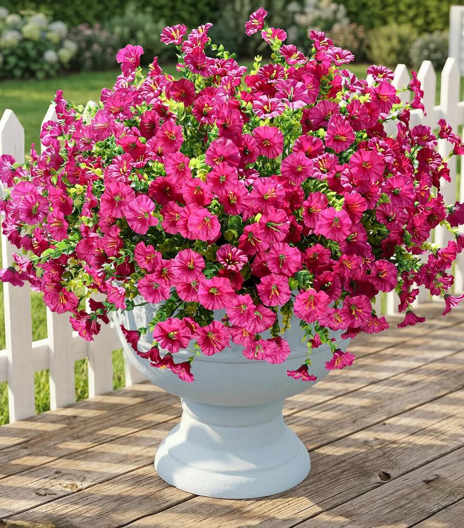 Artificial Flowers Fake Plants for Outdoors Decoration, 12 Bundles Silk Morning Glory with Eucalyptus Realistic UV Resistant Fuchsia Faux Flowers for Outside Planter Yard Patio Garden Home Indoor Urn