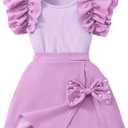 Girl's 2 Piece Outfits Cute Pearl Ribbed Knit Ruffle Short Sleeve T Shirt and Wrap Skorts Set (Pink)