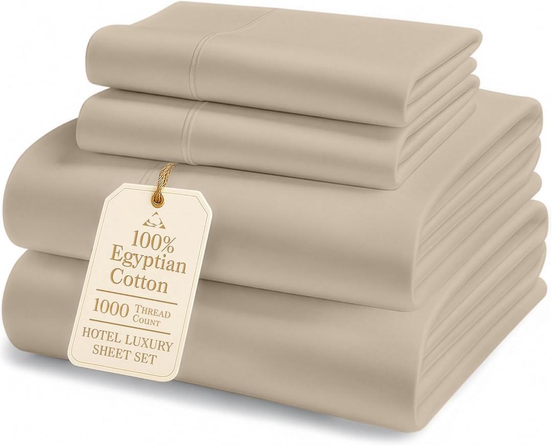 100% Egyptian Cotton King Sheet Set  1000 Thread Count Naturally Cooling & Breathable Sateen King Sheets, Authentic Long-Staple Cotton for Lasting Softness, Snug Fit 15" Deep Pocket Fitted - Taupe