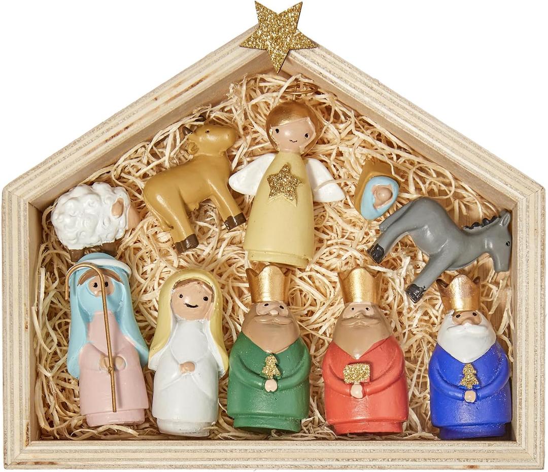 DN DECONATION Nativity Figurines Set, 11Pcs Resin Holy Family Scene - Colorful Mini Christmas Nativity Decor for Christmas Indoor Tabletop, Shelf, and Home Holiday Display