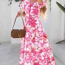 PRETTYGARDEN Women Summer Boho Maxi Dresses 2025 V Neck Puff Short Sleeve A-Line Flowy Tiered Floral Wedding Guest Dress (L)