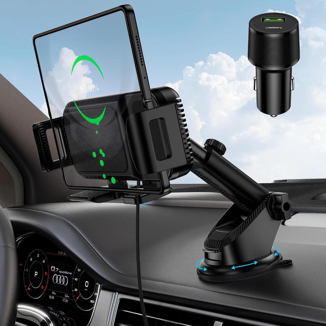 Wireless Car Charger Mount, 15W Dual Coil Rotatable Car Phone Holder Wireless Charger for Samsung Galaxy Z Fold 7/6/5/4/3/2, Z Flip, S25/S24/S23/S22 Series and iPhone, Car Charger Included