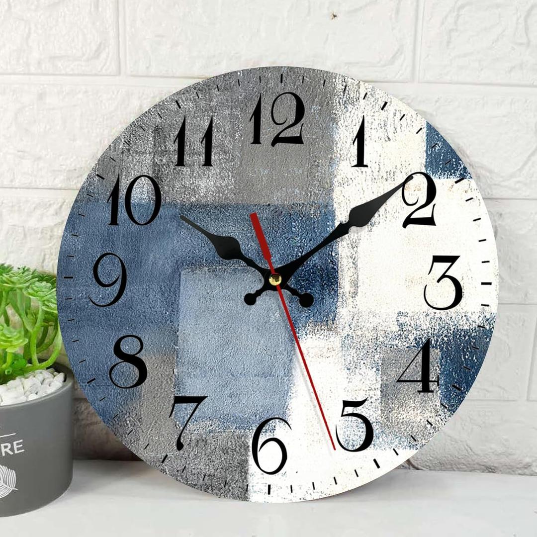 ArtSocket Wooden Wall Clock Silent Non-Ticking, Blue White Grey Abstract Painting Gray Vintage Round Wall Clocks Decor for Home Kitchen Living Room Office, Battery Operated(12 Inch) (Modern Vintage Style40)