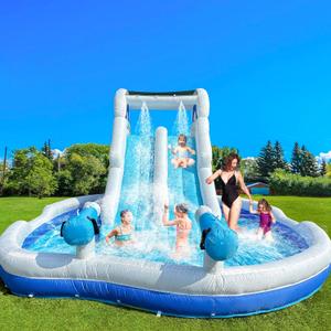 Inflatable Double Water Slide-17.7FTL Large Climber Inflatable Water Park for Big Kids 5-10-Huge Splash Pool-Easy to Set Up & Inflate with Air Blower,Carrying Case,Water Pipe,Storage Bag-Bule