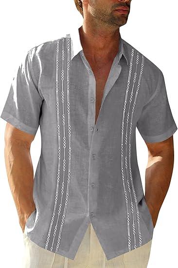 Runcati Mens Short Sleeve Guayabera Shirts Linen Cotton Button Down Mexican Embroidered Cuban Wedding Shirt Summer Beach Tops, XL, Color: 03 Gray