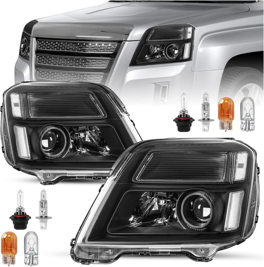 SOCKIR Headlight Assembly Fit for 2010-2015 GMC Terrain SL SLE SLT Halogen Projector Factory OE Style Model Headlamp Replacement Pair LH+RH Black Housing Clear Reflector with All Bulbs