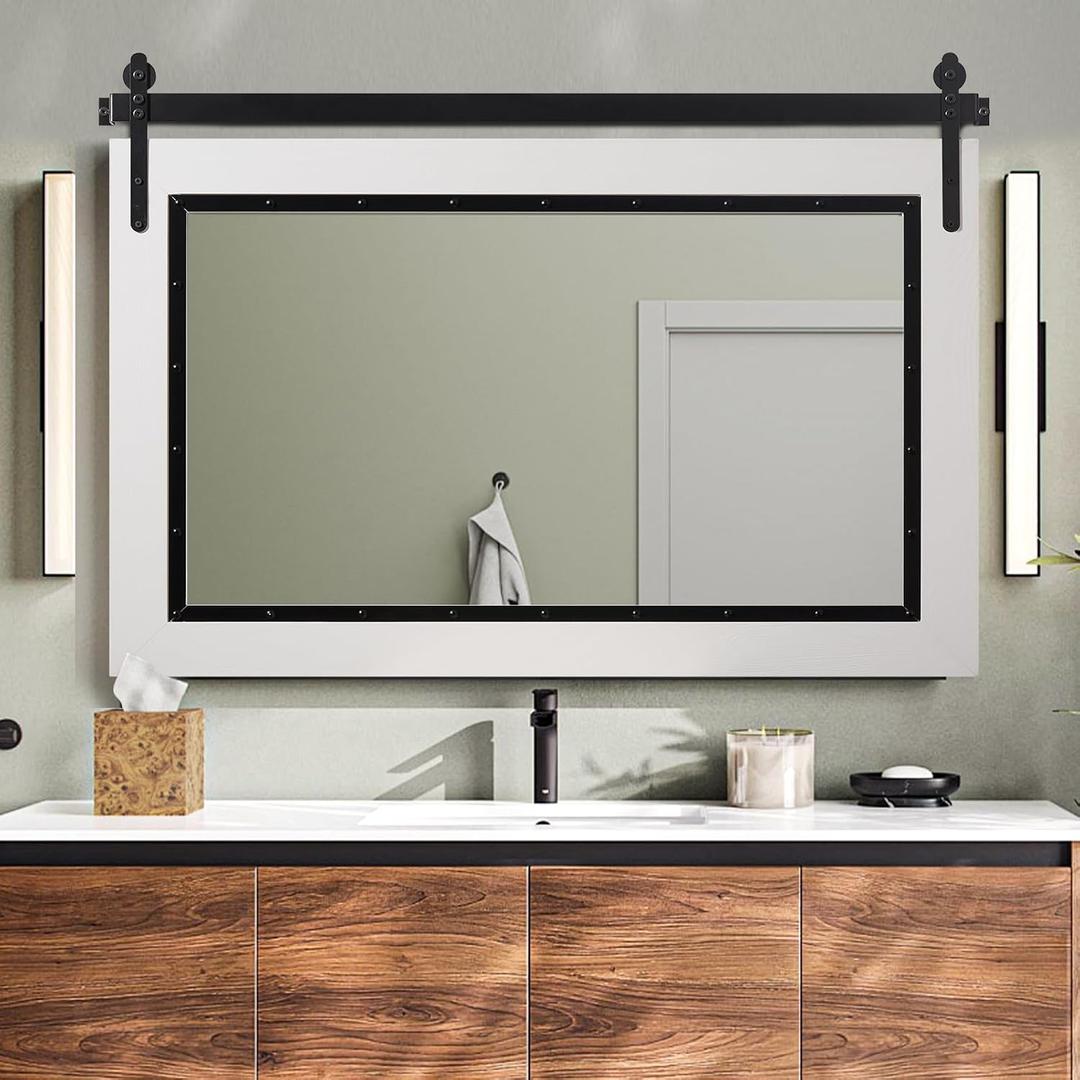 YOSHOOT Farmhouse Barn Door Mirror, 40"x26" Rustic Bathroom Mirror, Wood Frame Wall Mirror, Wooden Mirror for Living Room Bedroom Entryway Wall Dcor, Horizontal Hanging ONLY
