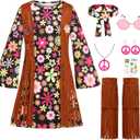 Cuteshower Kids Hippie Costume for Girls 60s 70s Hippie Dress for Halloween Party Outfit (8-9 Years)