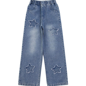 Boy's Cute Star Baggy Denim Pants Elastic Waist Pull On Jeans Straight Wide Leg Jeans for Teen Boys 8-14 Years