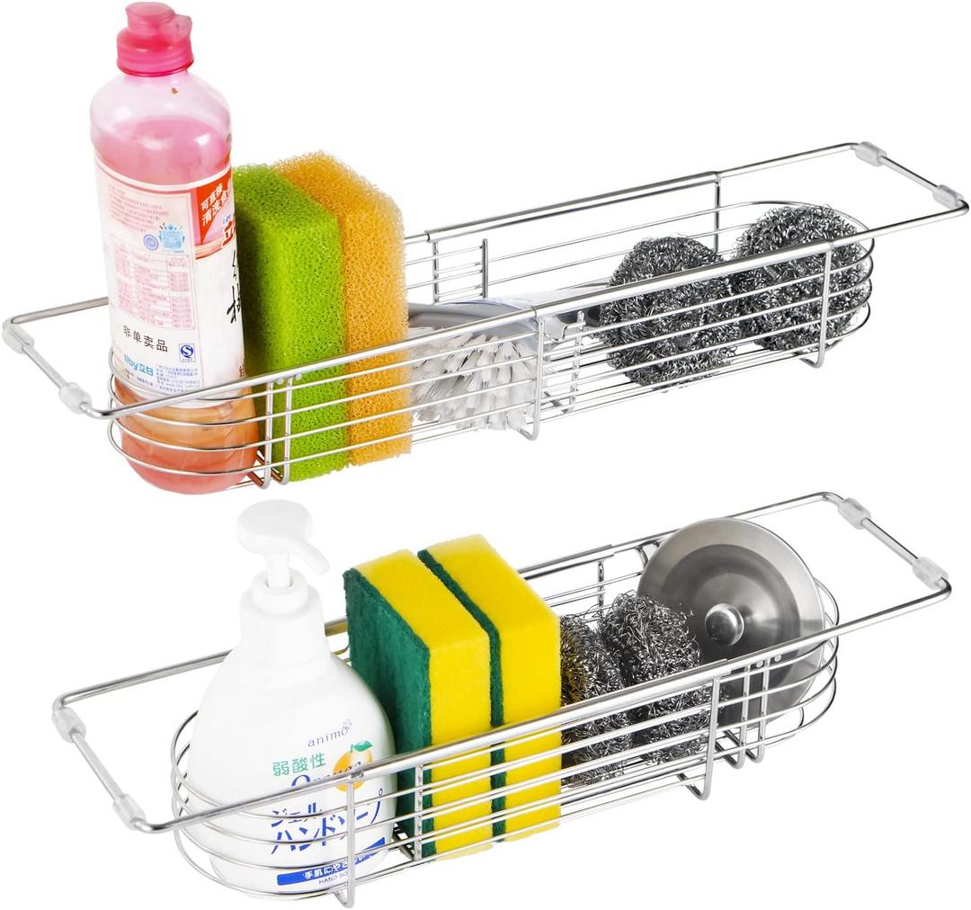 304 Stainless Steel Expandable Sink Storage - Adjustable Drain Rack with Breathable Drainage (14in-18in), Silvery