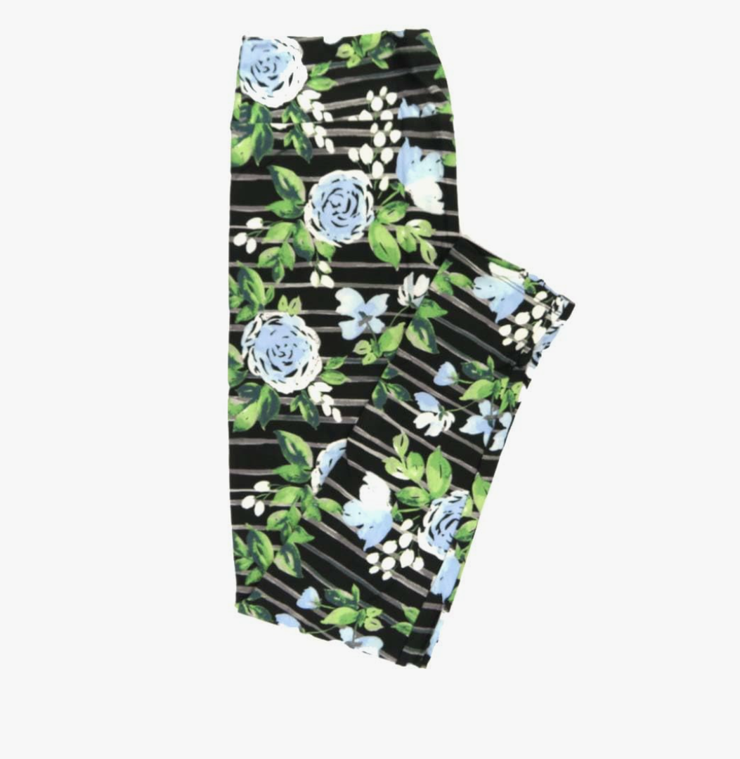 Lularoe Tall Curvy (TC fits Sizes 12-18) Roses Stripes Pink Black Green Gray Buttery Soft Adult Leggings, Pack Of 2