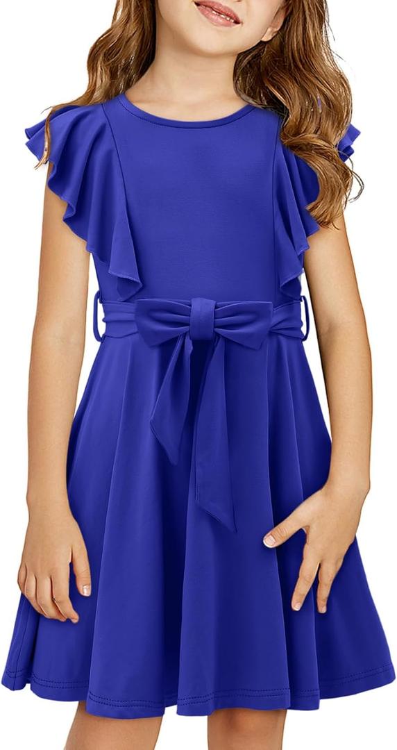 storeofbaby Girls Casual Ruffle Dress Elegant A-Line Flowy Dresses with Belt 5-14 Years (8-9 Years)