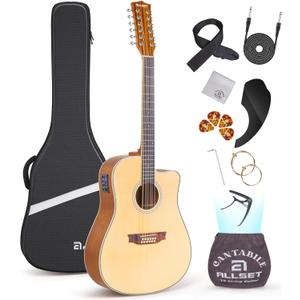 12 String Guitar - Acoustic Electric Guitar Kit For Fingerstyle, Adi Spruce Top Guitarra de 12 Cuerdas with Gig Bag, Picks, Strings, Strap - Natural Timber