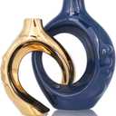 Navy Blue Home Decor Ceramic Vase, Navy Blue Gold Round Vase with Holes Set of 2, Suitable for Wedding Entrance Decoration, Bookshelf, Mantel, Unique Home Decor (Blue Gold)