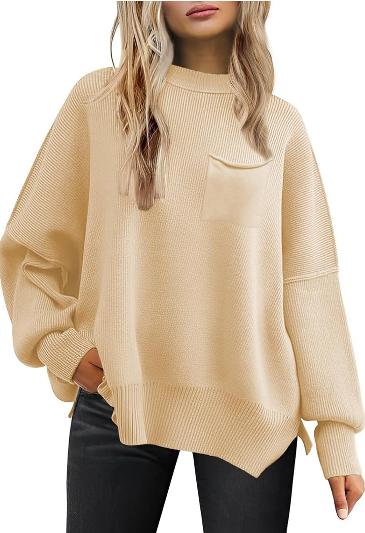Women's Oversized Sweaters 2025 Crewneck Long Sleeve Batwing Pullover Tops (S, Apricot Cream)