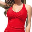 Fanuerg Tankini Top Only Twist Front Bathing Suit Tops for Women Tummy Control Tank Tops V Neck Swimsuit Top No Bottom (Small, Red)