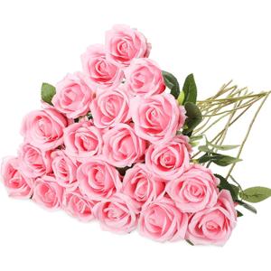 Hotop 20 Pcs Artificial Rose Flowers with Long Stem,Real Touch Silk Realistic Plastic Bouquet Roses Bulk for Home Decor Bridal Wedding Party Table Centerpieces Decorations(Pink)
