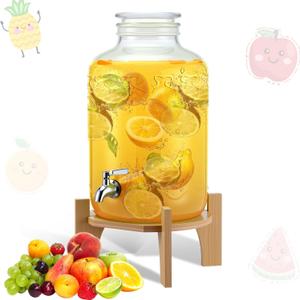 FillTouch 3 Gallon Drink Dispenser with Stand Glass Beverage Dispenser Drink Dispensers with Lid 18/8 Stainless Steel Spigot for Picnics, BBQ, Parties and Daily(Classic Style,Wood Stand)
