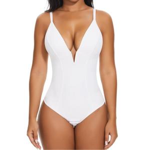 SHAPERIN Women's Deep V Neck Bodysuit Double Lined Plunge Tummy Control Shapewear Thong Body Suits Backless Cami Tank L