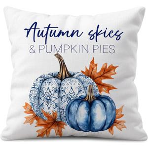 Fall Throw Pillow Cover 18x18 Inch  White Linen Autumn Cushion Cover with Blue Pumpkins and Orange Leaves  Double-Sided Print, Farmhouse Thanksgiving Pillowcase for Sofa Couch Bed