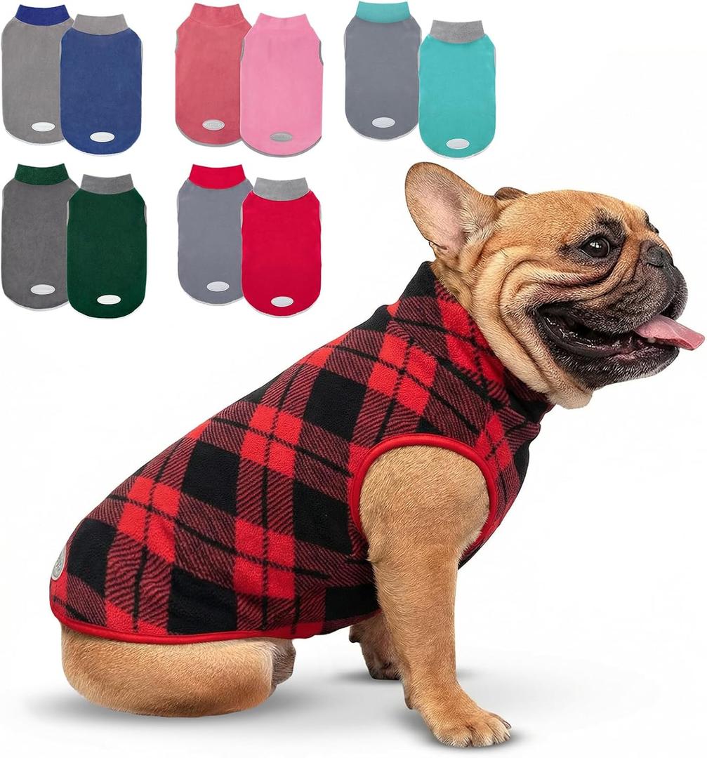 cyeollo 2 Pack Small Fleece Chritsmas Dog Sweater, Stretchy Pullover Soft Dog Jacket Reflective Female & Male Sweatshirt Pet Clothes Coats for Small Dogs Boy & Girl, Red & Buffalo Plaid L