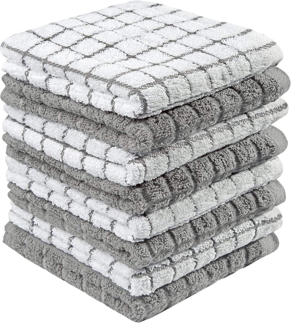 Bumble Dish Cloths (8 Pack) - 100% Cotton Dish Rags & Kitchen Washcloths for Washing Dishes | 12" x 12" | 405 GSM | Gray (Grey)