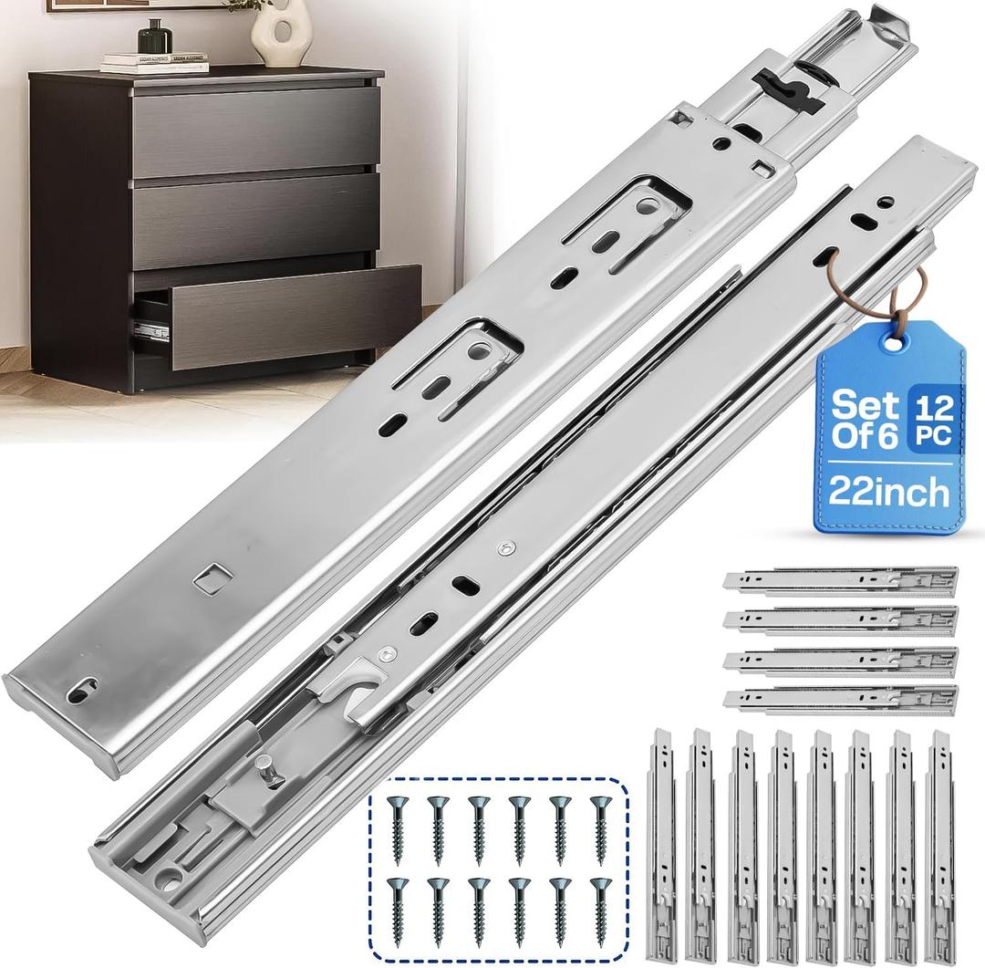 22 Inch Soft Close Drawer Slides 6 Pairs (12pcs) Heavy Duty Full Extension Ball Bearing, Side Mount Drawer Rails, Drawer Slide Glides for Dresser, Cabinet, Kitchen-Draw Slides 150LB Capacity