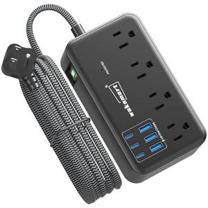 Waksmart Surge Protector Power Strip (2800J), 8 AC Outlets with 6 USB Ports 4.8A/24W Charging Station for iPhone 15 Series, 5ft Flat Extension Cord, Wall Mount for Home, Travel, Office