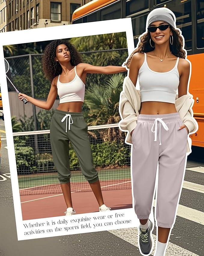 Ficerd 2 Pcs Women's Capri Sweatpants Joggers Summer Casual Sports Cropped Lounge Pants High Waisted Athletic with Pockets, M